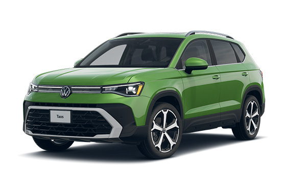 3/4 front view of a green 2026 Volkswagen Taos